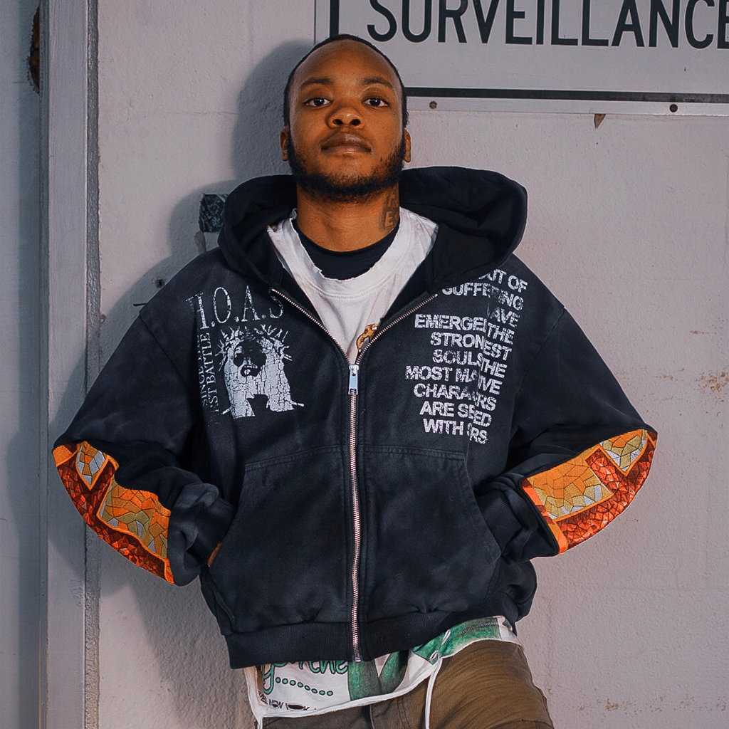 Cropped Boxy Stained Cross Hoodie (Midnight Black)